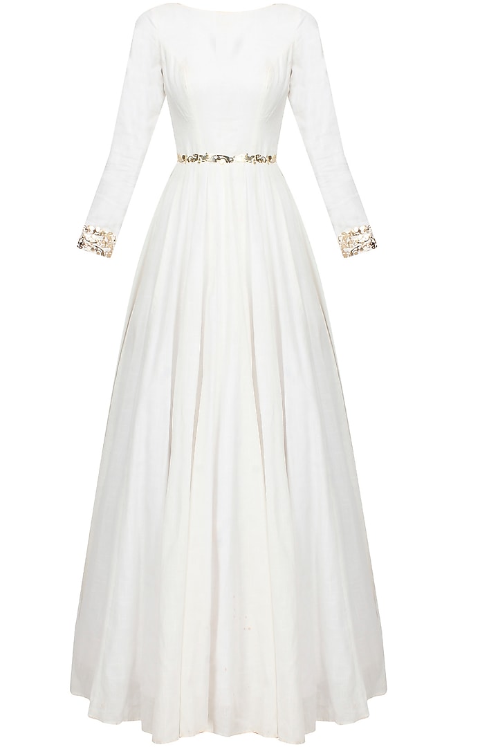 White and gold metal appplique work anarkali set available only at Pernia's Pop Up Shop.