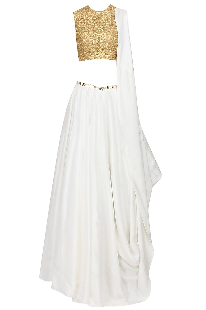White one shoulder side drape lehenga and blouse set available only at Pernia's Pop Up Shop.