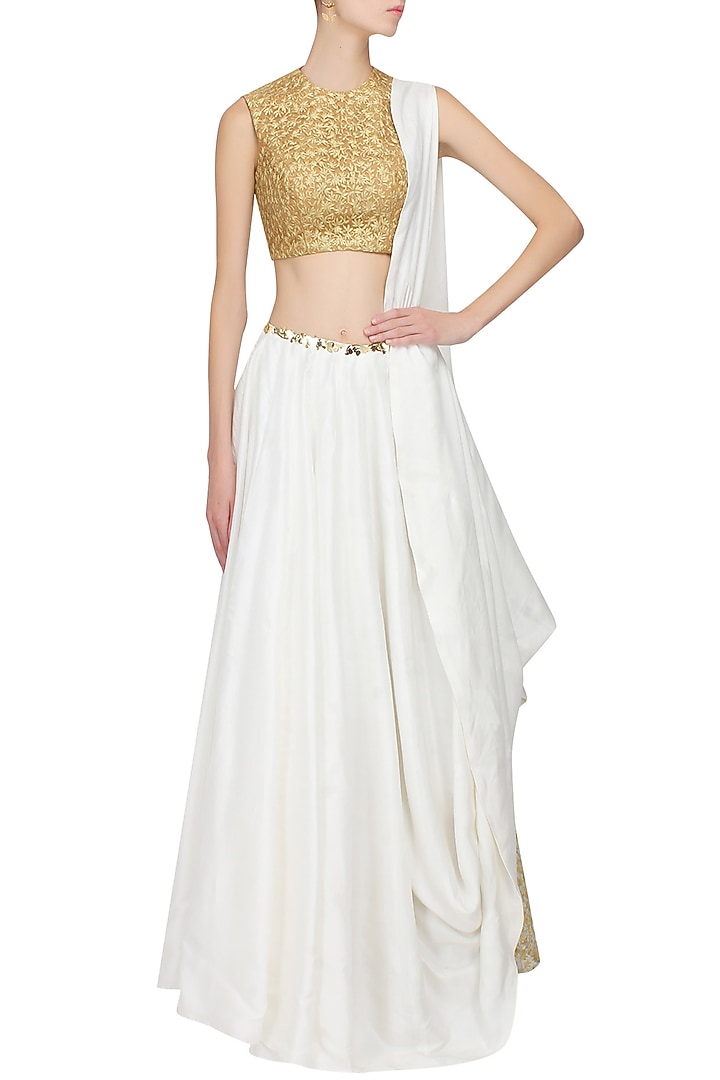 White one shoulder side drape lehenga and blouse set available only at Pernia's Pop Up Shop.