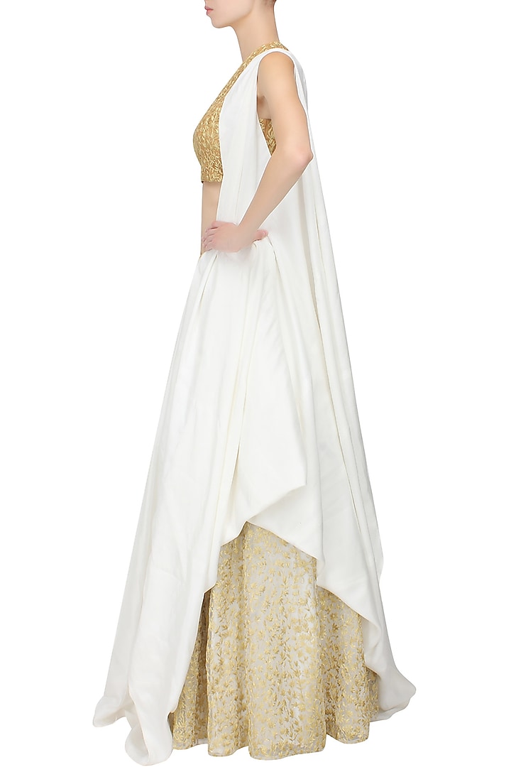 White one shoulder side drape lehenga and blouse set available only at Pernia's Pop Up Shop.
