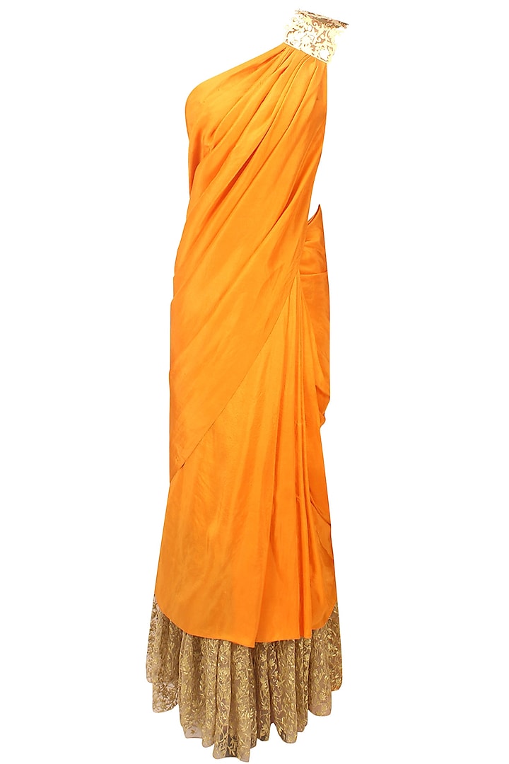 Orange and gold floral embroidered saree by Nikhil Thampi