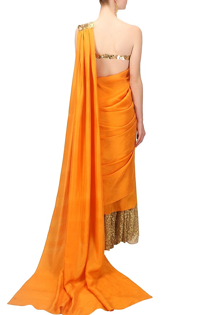 Orange and gold floral embroidered saree available only at Pernia's Pop Up Shop.
