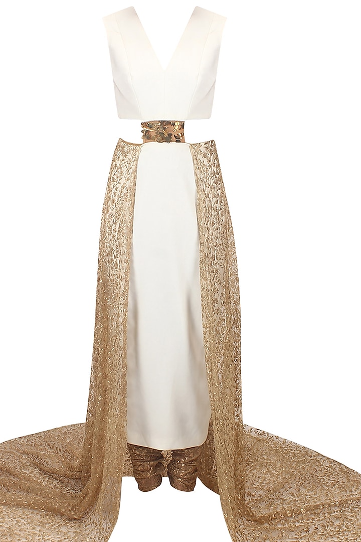 White back trail anarkali and embroidered churidaar pants set available only at Pernia's Pop Up Shop.