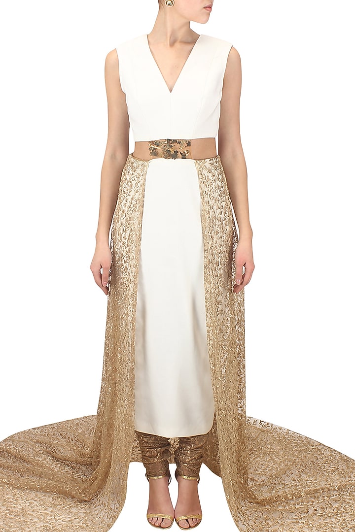 White back trail anarkali and embroidered churidaar pants set available only at Pernia's Pop Up Shop.
