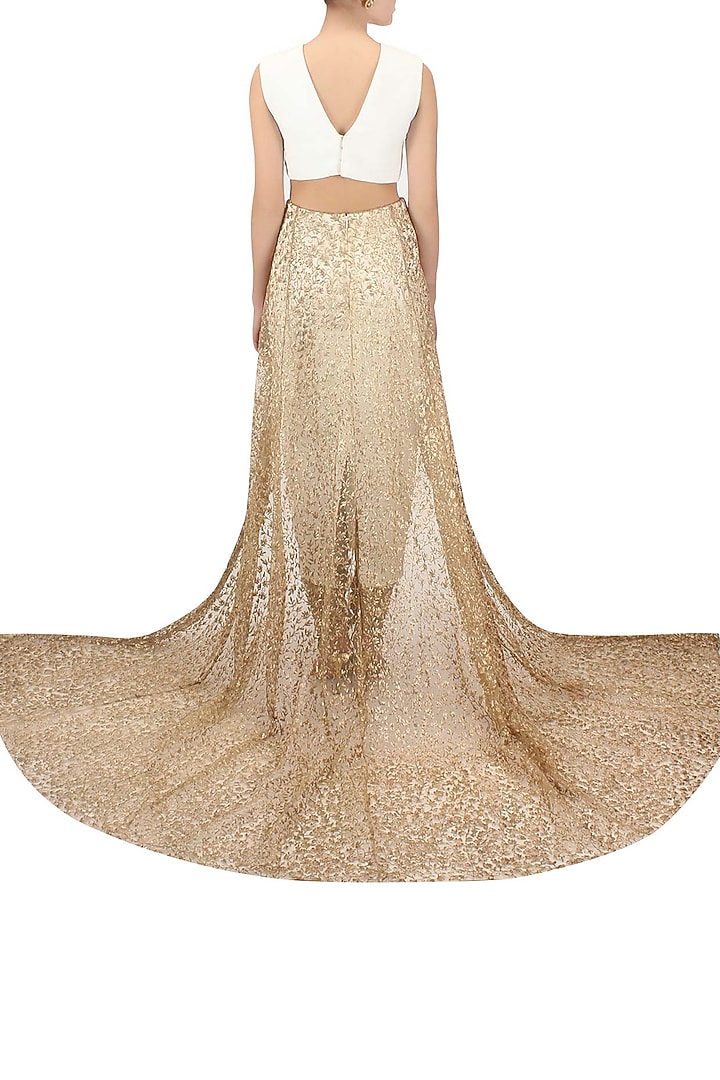 White back trail anarkali and embroidered churidaar pants set available only at Pernia's Pop Up Shop.