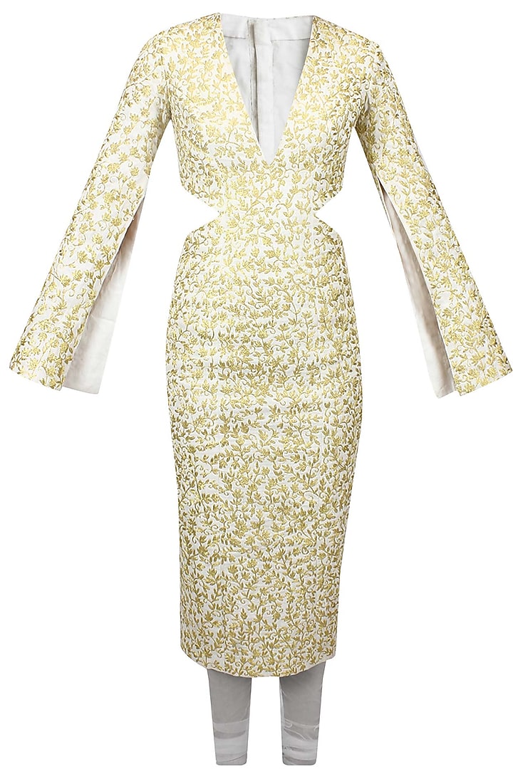 White rib cutout embroidered kurta and churidaar pants set available only at Pernia's Pop Up Shop.