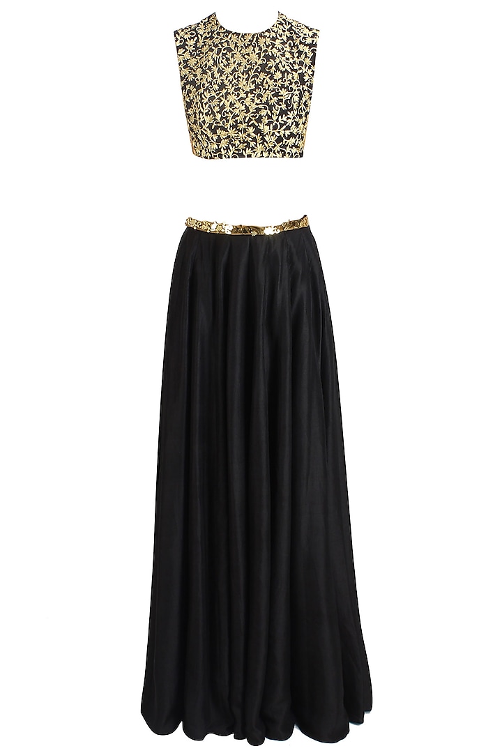 Black and gold metal work lehenga and sleeveless crop set available only at Pernia's Pop Up Shop.