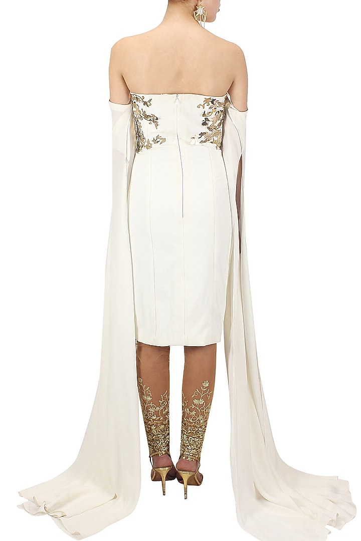 White metal embellished long sleeved tube kurta with gold embroidered churidaar available only at Pernia's Pop Up Shop.
