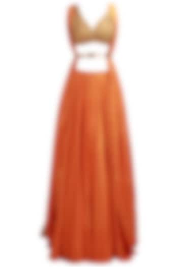 Mango color embroidered cowl back lehenga set available only at Pernia's Pop Up Shop.