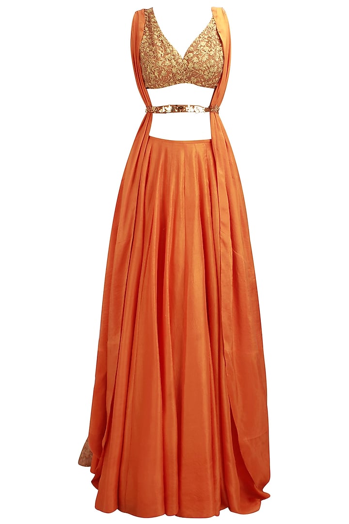 Mango color embroidered cowl back lehenga set available only at Pernia's Pop Up Shop.