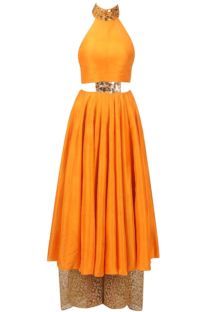 Mango metal embellished anarkali with attached dupatta and gold embroidered short palazzo available only at Pernia's Pop Up Shop.