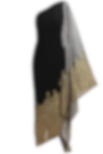 Black floral embroidered kaftan saree with black net churidaar available only at Pernia's Pop Up Shop.