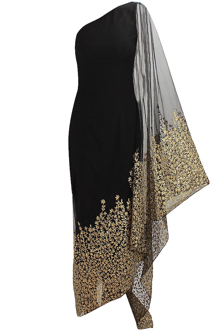 Black floral embroidered kaftan saree with black net churidaar available only at Pernia's Pop Up Shop.