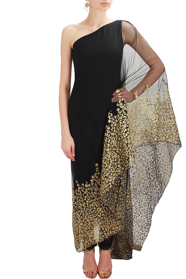 Black floral embroidered kaftan saree with black net churidaar available only at Pernia's Pop Up Shop.