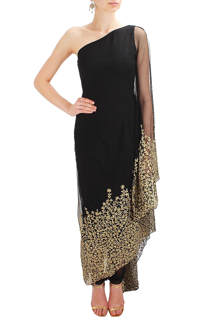 Black floral embroidered kaftan saree with black net churidaar available only at Pernia's Pop Up Shop.