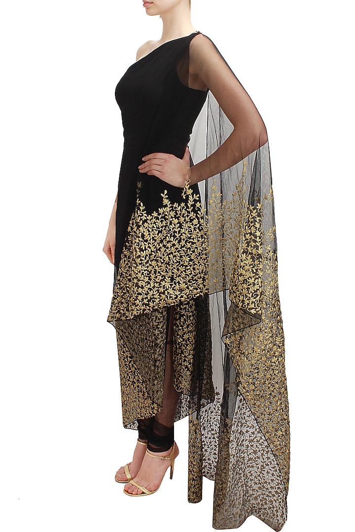 Black floral embroidered kaftan saree with black net churidaar available only at Pernia's Pop Up Shop.