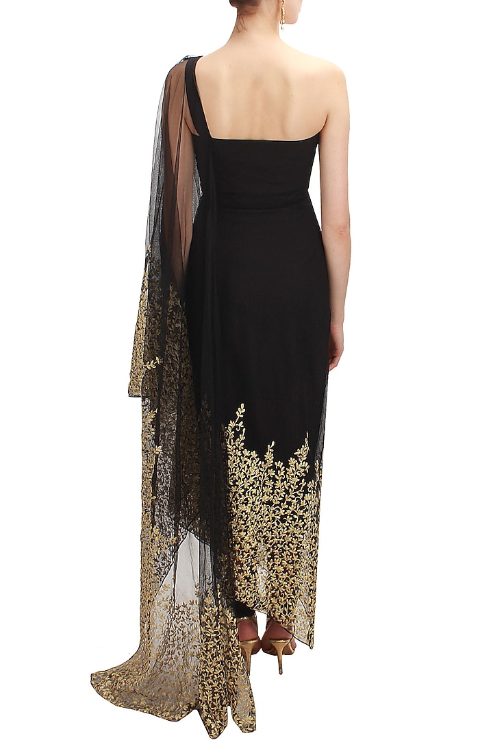Black floral embroidered kaftan saree with black net churidaar available only at Pernia's Pop Up Shop.