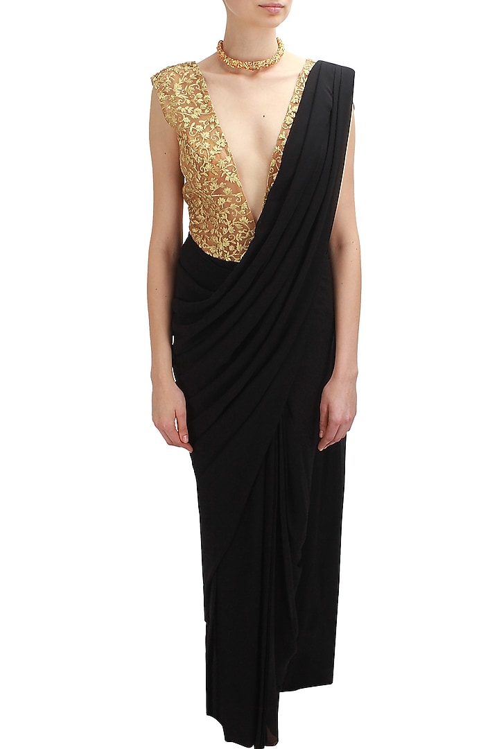 Gold embroidered body suit blouse and black saree available only at Pernia's Pop Up Shop.