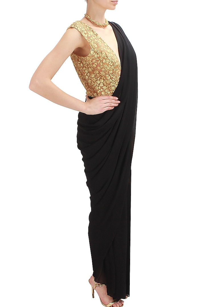 Gold embroidered body suit blouse and black saree available only at Pernia's Pop Up Shop.