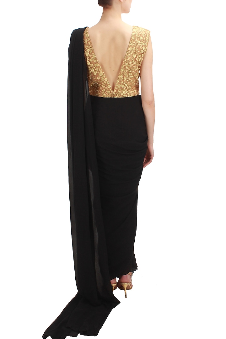 Gold embroidered body suit blouse and black saree available only at Pernia's Pop Up Shop.