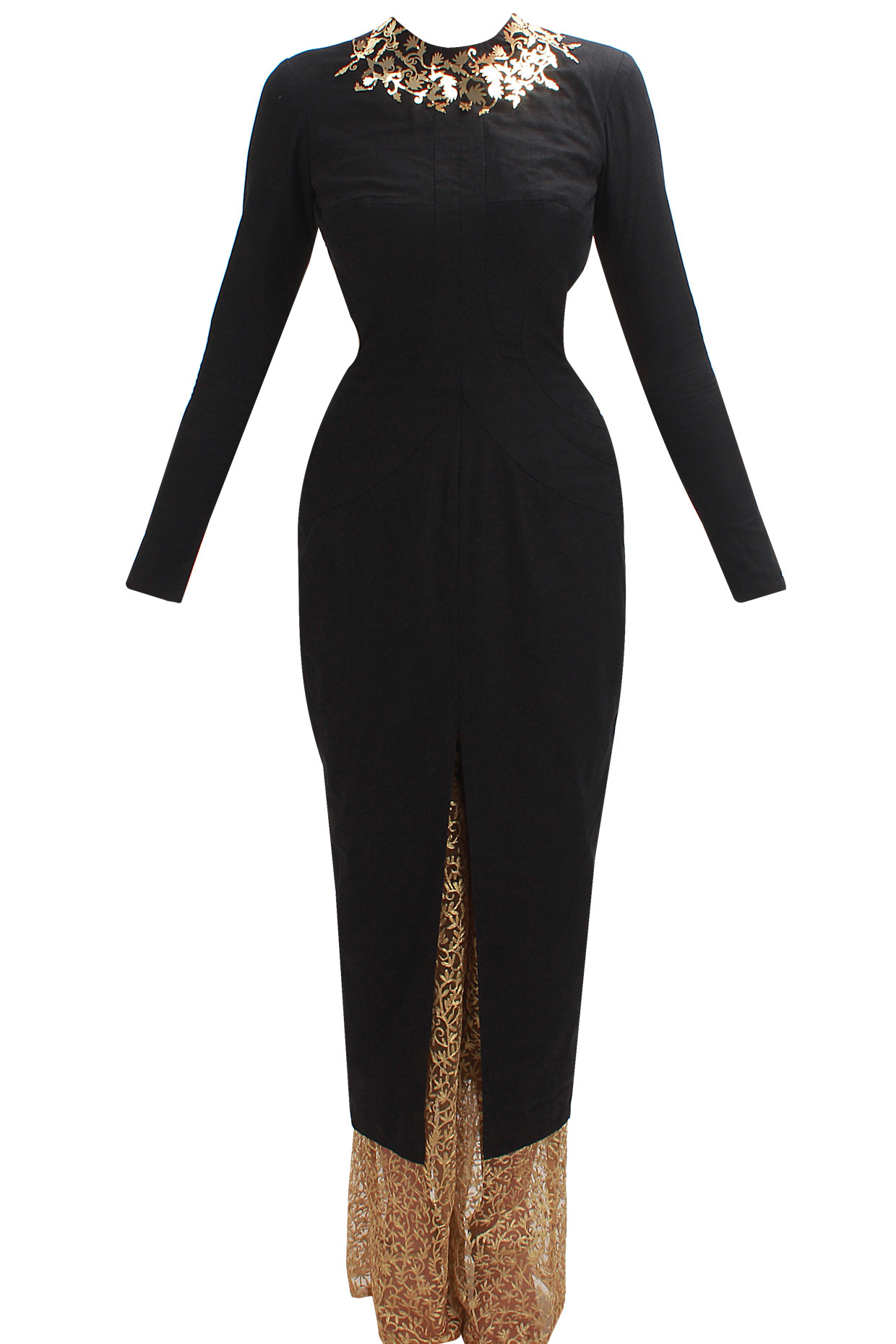 Black metal embellished cutout kurta with gold embroidered palazzos available only at Pernia's Pop Up Shop.