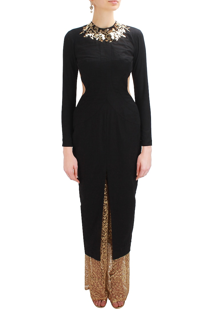 Black metal embellished cutout kurta with gold embroidered palazzos available only at Pernia's Pop Up Shop.
