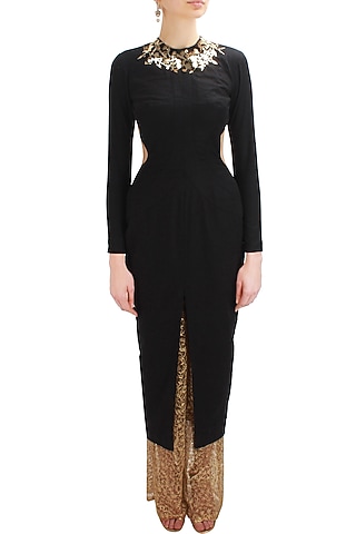Black metal embellished cutout kurta with gold embroidered palazzos by Nikhil Thampi
