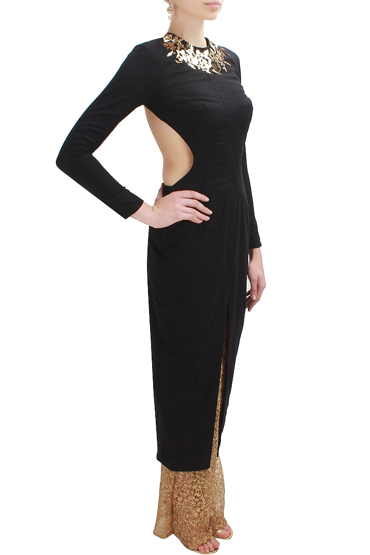 Black metal embellished cutout kurta with gold embroidered palazzos available only at Pernia's Pop Up Shop.