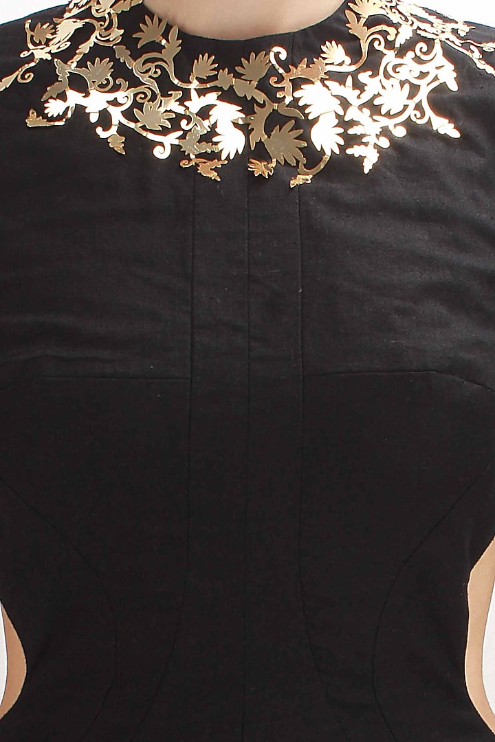 Black metal embellished cutout kurta with gold embroidered palazzos available only at Pernia's Pop Up Shop.