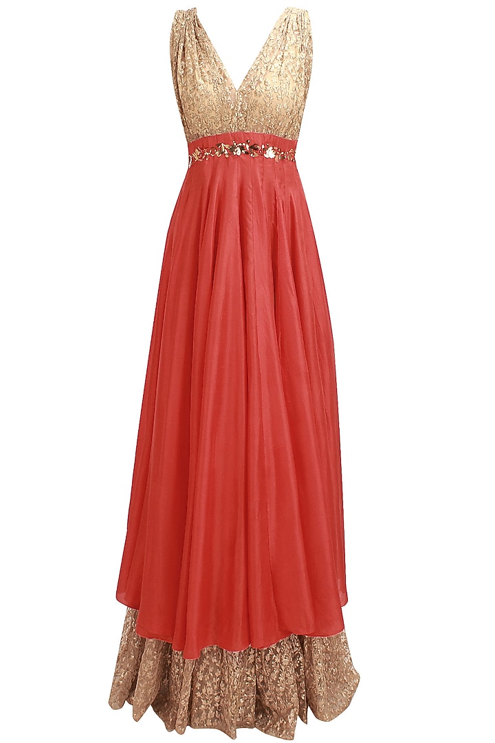 Vermillion and gold metal embellished anarkali with gold attached dupatta available only at Pernia's Pop Up Shop.