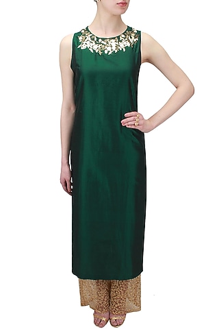 Green metal embellished straight kurta with gold embroidered palazzos by Nikhil Thampi