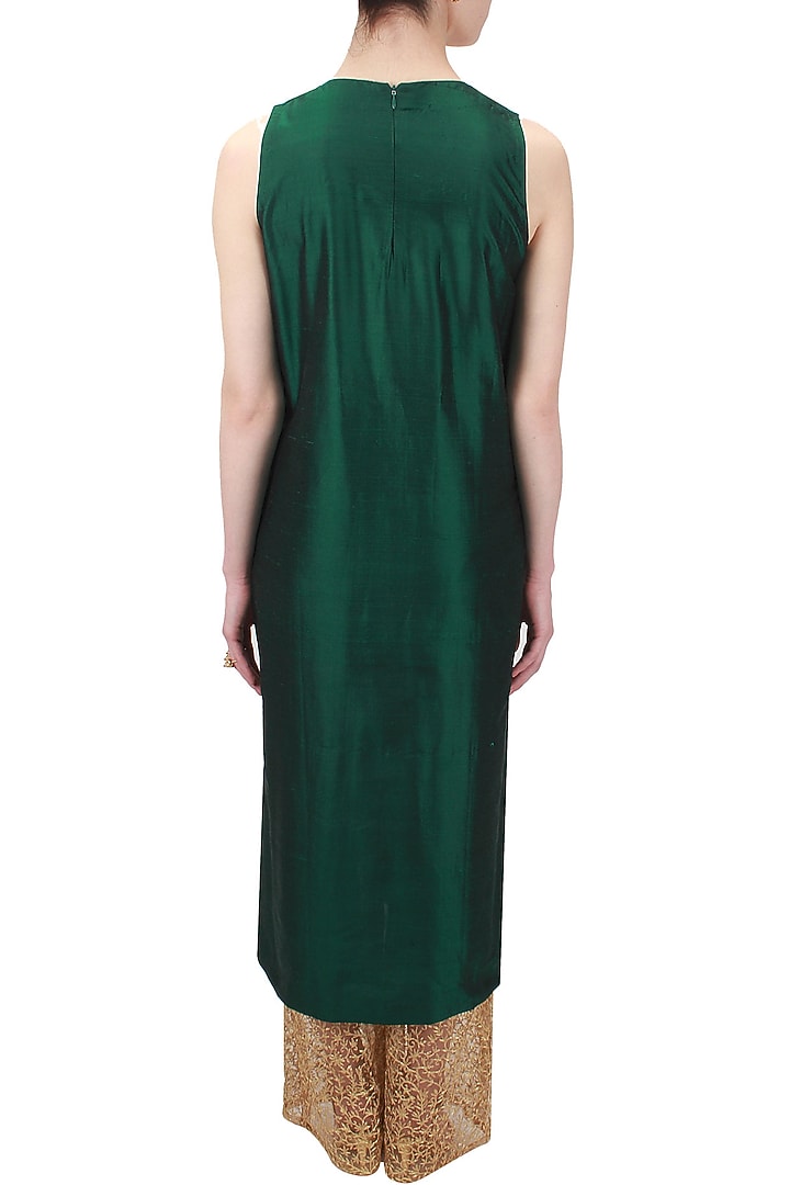 Green metal embellished straight kurta with gold embroidered palazzos available only at Pernia's Pop Up Shop.