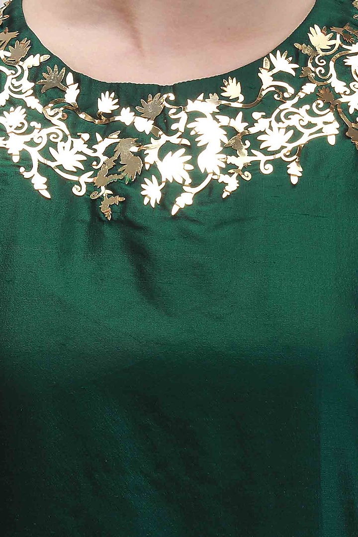 Green metal embellished straight kurta with gold embroidered palazzos available only at Pernia's Pop Up Shop.