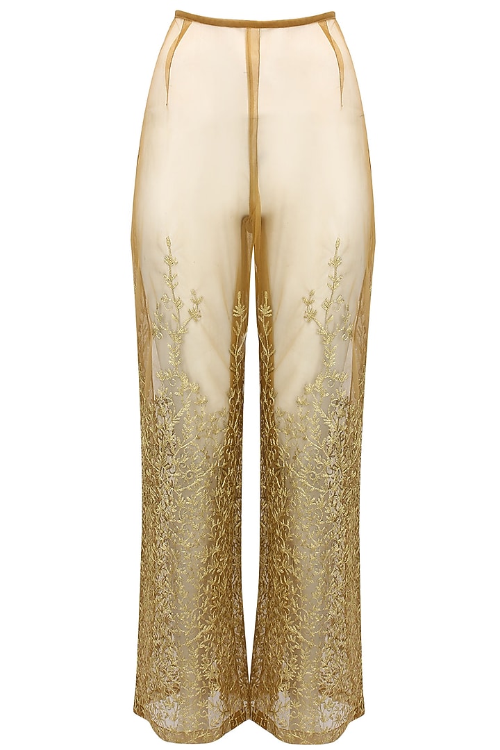 Green metal embellished straight kurta with gold embroidered palazzos available only at Pernia's Pop Up Shop.