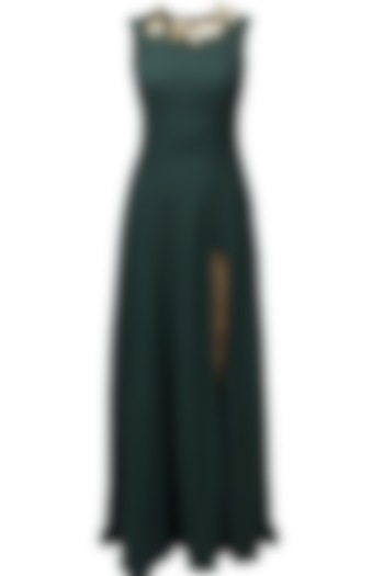 Green metal embellished scoop kurta with gold embroidered nude churidaar available only at Pernia's Pop Up Shop.