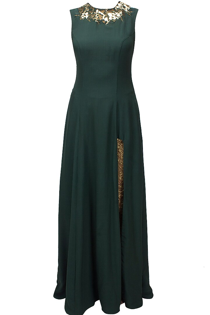 Green metal embellished scoop kurta with gold embroidered nude churidaar available only at Pernia's Pop Up Shop.