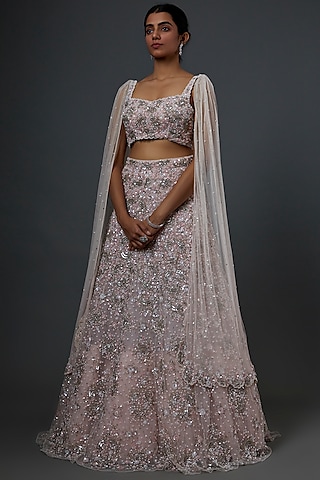 Pink Net Embroidered Lehenga Set by Natasha Dalal