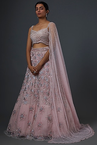 Blush Pink Organza Embroidered Lehenga Set by Natasha Dalal