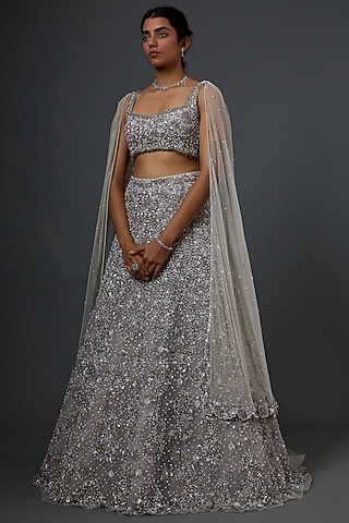 Silver Embroidered Lehenga Set by Natasha Dalal