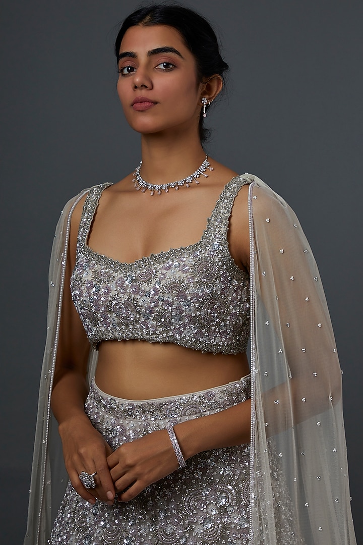 Silver Embroidered Bridal Lehenga Set by Natasha Dalal at Pernia's Pop Up Shop