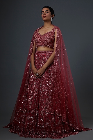 Red Embroidered Lehenga Set by Natasha Dalal