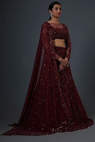Maroon Embroidered Lehenga Set by Natasha Dalal
