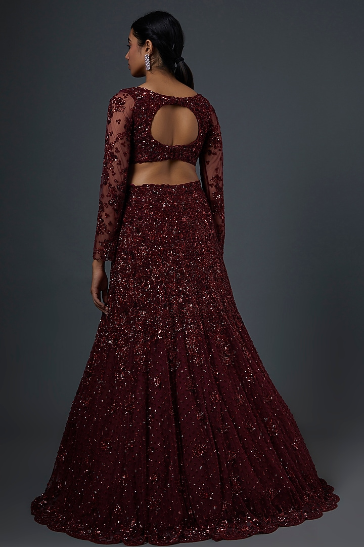 Maroon Embroidered Bridal Lehenga Set by Natasha Dalal at Pernia's Pop Up Shop