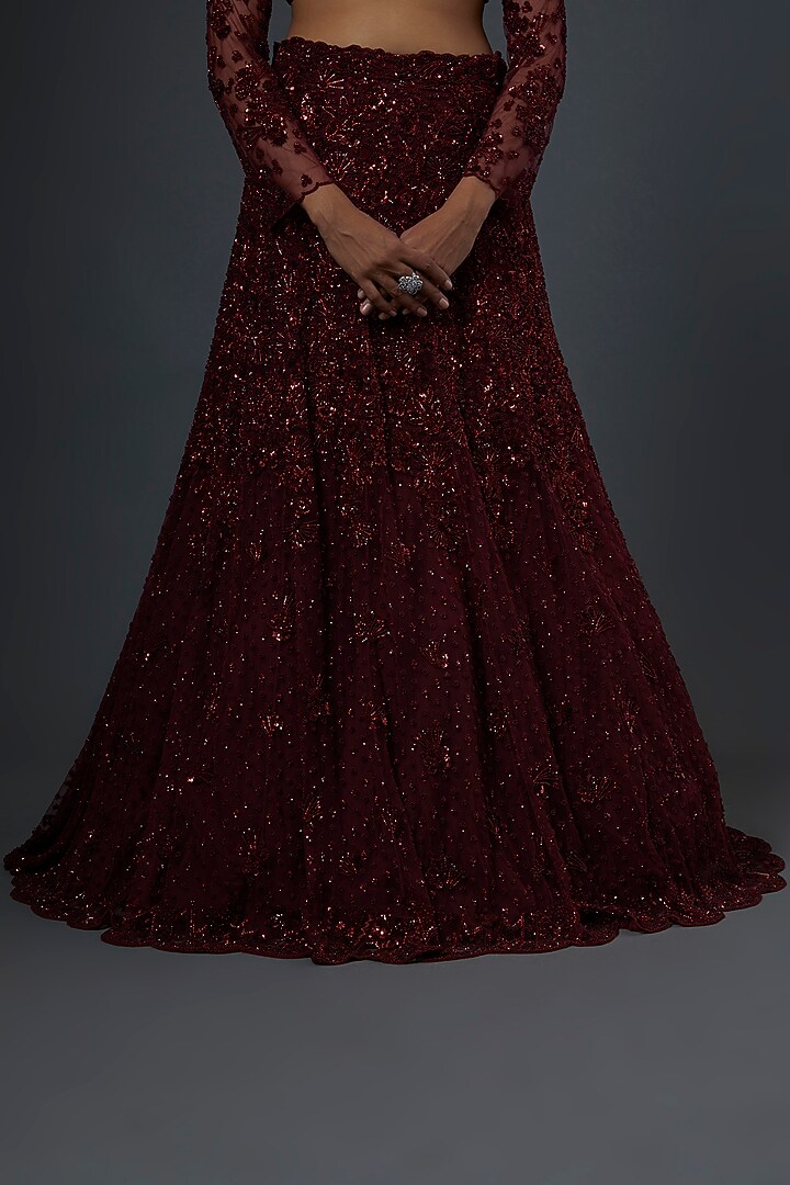 Maroon Embroidered Bridal Lehenga Set by Natasha Dalal at Pernia's Pop Up Shop