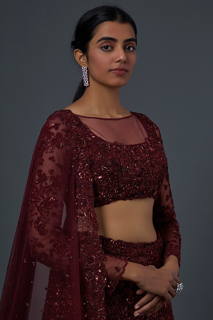 Maroon Embroidered Bridal Lehenga Set by Natasha Dalal at Pernia's Pop Up Shop