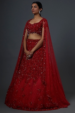 Red Hand Embroidered Lehenga Set by Natasha Dalal