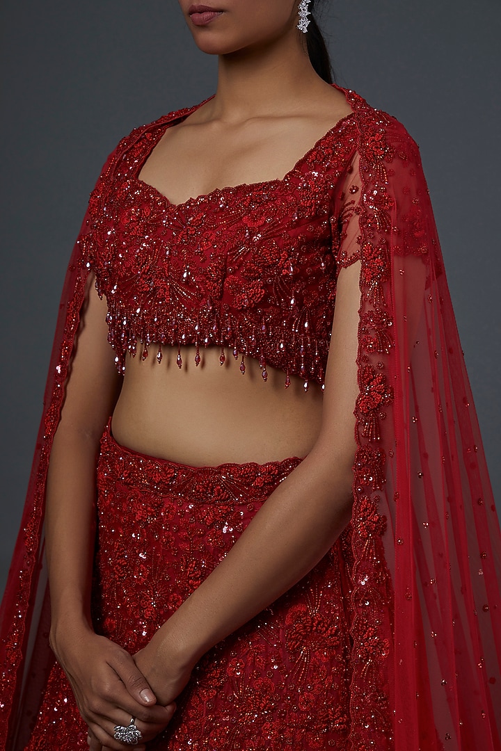 Red Hand Embroidered Bridal Lehenga Set by Natasha Dalal at Pernia's Pop Up Shop