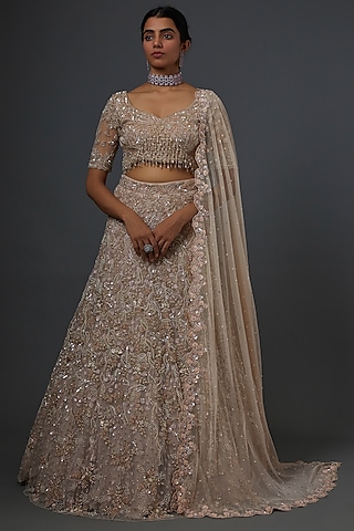 Nude Hand Embroidered Lehenga Set by Natasha Dalal