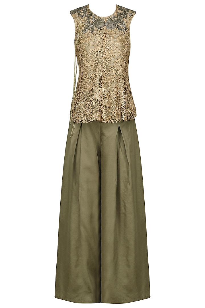 Gold Embroidered Top with Olive Green Palazzo Pants by Nandita Thirani