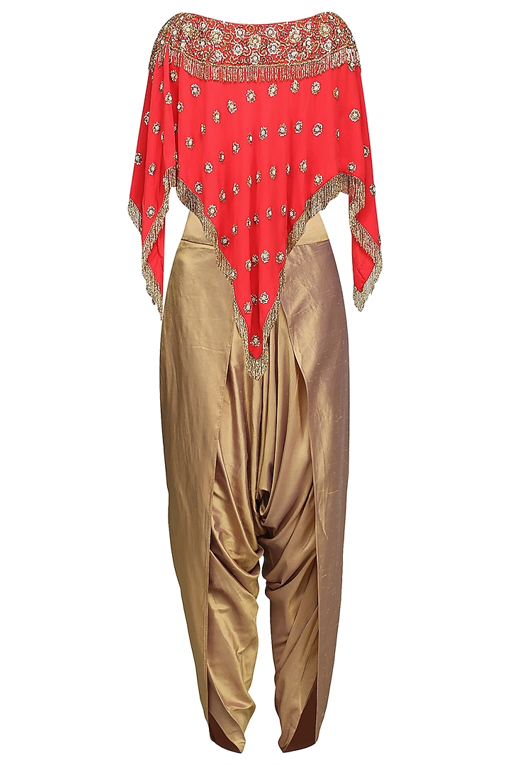 Tomato Red Embroidered Cape Top with Gold Dhoti Pants by Nandita Thirani